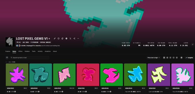 A webpage for a digital collectible called 'LOST PIXEL GEMS V1' displaying a grid of colorful pixel-art gem NFTs on a dark purple background.