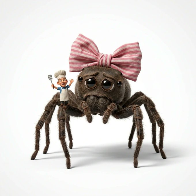 A 3D rendering of a fuzzy, sad-looking spider wearing a large pink and white striped bow on its head, with a small cartoon chef holding a spatula on its back.