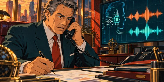 A sharply dressed older man in a suit and red tie sits at an ornate desk taking notes while speaking on a landline phone, with a large screen behind him displaying a digital head silhouette and audio waveforms—visually echoing the post's story about Paolo Molesini, the former chairman of Italian private bank Fideuram, who fell victim to a voice-cloning scam call impersonating Intesa Sanpaolo CEO Carlo, resulting in €95 million being transferred out through social engineering rather than any digital breach.