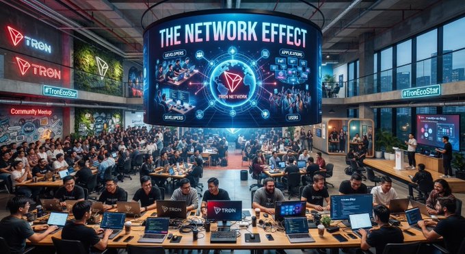 A digital illustration of a crowded technology meetup or hackathon called "THE NETWORK EFFECT," with attendees working on laptops beneath glowing "TRON" signs and a large central display.