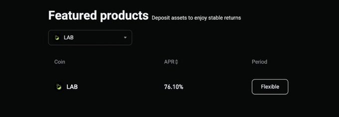 A dark-themed financial interface titled 'Featured products' showing a deposit option for the LAB coin with a 76.10% APR and a 'Flexible' period.
