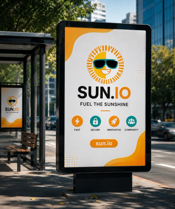 A digital billboard at an urban bus stop displays "SUN.IO" branding with the tagline "FUEL THE SUNSHINE," alongside icons highlighting "FAST," "SECURE," "INNOVATIVE," and "COMMUNITY." The advertisement reinforces the post's message about veSUN connecting governance with liquidity, visually promoting the @OfficialSUNio platform associated with Justin Sun on the TRON ecosystem.