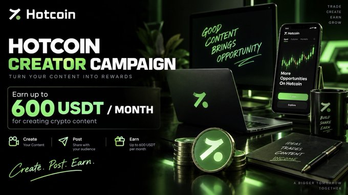 A promotional graphic for the Hotcoin Creator Campaign announces that participants can "Earn up to 600 USDT / MONTH for creating crypto content," featuring a dark, neon-green themed workspace with a laptop, smartphone, and physical Hotcoin tokens, reinforcing the post's message about earning USDT for creating content.