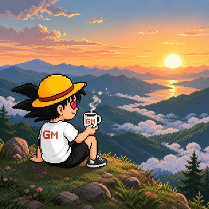 A boy in a straw hat sits on a mountaintop at sunrise, holding a steaming "GM" mug while wearing a "GM" shirt, with heart-shaped eyes gazing at the golden horizon over misty peaks.

The pixel-art scene perfectly captures the post's "Good Morning" spirit, embodying the message of fresh starts and new beginnings with its hopeful sunrise vista, while the "GM" mug and shirt echo the crypto community's classic greeting to fellow holders of $AKIRA.