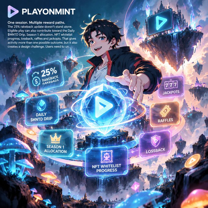 An anime-style promotional graphic for 'PLAYONMINT' features a character surrounded by floating icons for '25% RAKEBACK RAKEBACK,' 'DAILY $MNTD DRIP,' 'SEASON 1 ALLOCATION,' 'NFT WHITELIST PROGRESS,' 'JACKPOTS,' 'RAFFLES,' and 'LOSSBACK,' with text discussing the 'Daily $MNTD Drip.'