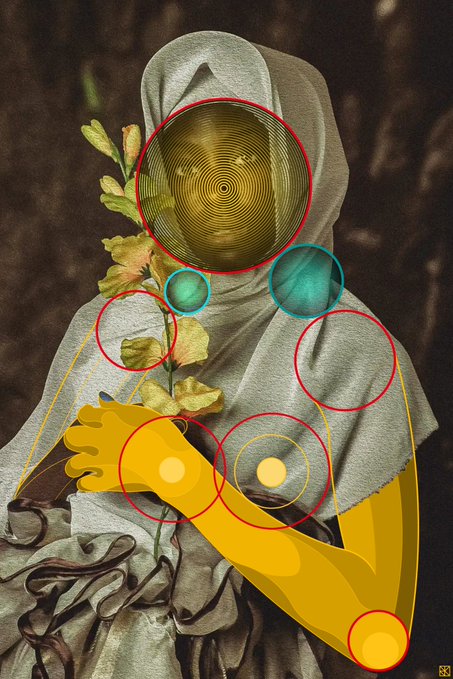 A mixed-media artwork combining a draped gray hooded figure holding a plant with bold yellow cartoon-like arm overlays and colorful circular elements in red, teal, and gold.