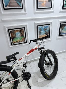 A white and red mountain bike is displayed on a tiled floor in front of a wall of framed coastal and beach photographs, suggesting a leisurely ride is the weekend priority rather than professional networking, aligning with the poster's declaration that God's plan for them does not involve LinkedIn today.