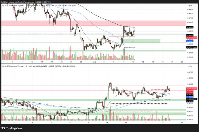 A TradingView chart of WLD/USDT Perpetual Contract shows the price hovering around $0.3384 with a highlighted green support zone near $0.32, visually reinforcing the post's suggestion that this area could serve as a springboard for an upward move. The lower 1-hour timeframe panel displays the same green zone being tested repeatedly, supporting the bullish bounce thesis.