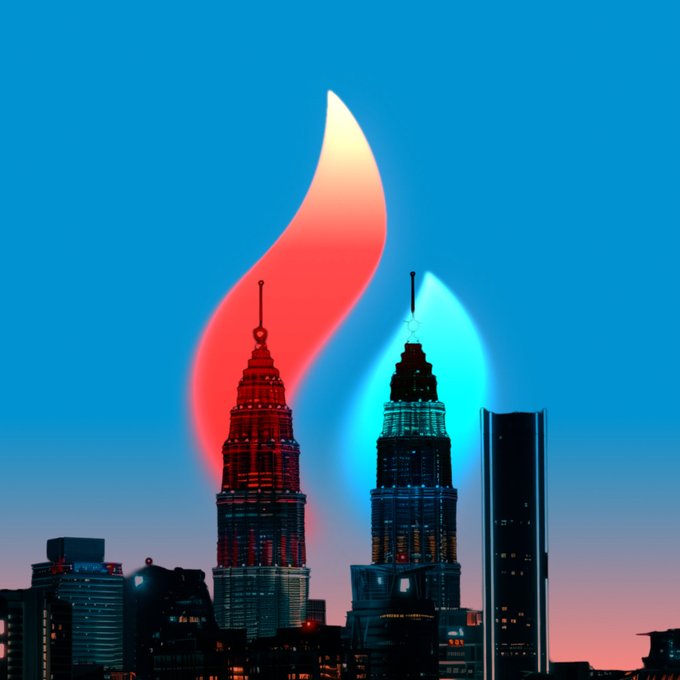 An artistic image of two skyscrapers lit up in red and blue resembling a flame, against a deep blue twilight sky.
