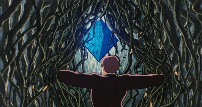 An animated scene showing a figure from behind reaching toward a glowing blue diamond-like crystal surrounded by dark, twisting vines or roots.