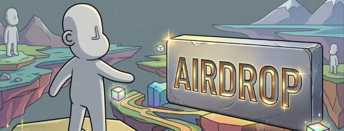 A cartoon illustration of white humanoid figures in a landscape discovering a large stone tablet labeled 'AIRDROP', suggesting a crypto airdrop event.