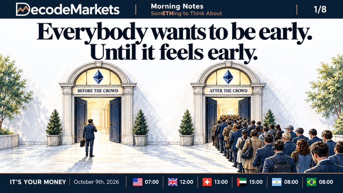 A DecodeMarkets Morning Notes slide dated October 9th, 2026 features the quote 'Everybody wants to be early. Until it feels early' alongside an illustration comparing 'Before the Crowd' and 'After the Crowd' doors.