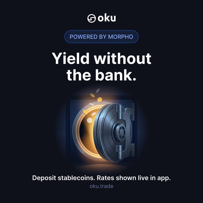 A promotional image for the 'oku' app, powered by Morpho, with the slogan 'Yield without the bank.' and the subtext 'Deposit stablecoins. Rates shown live in app.' next to a graphic of a vault.