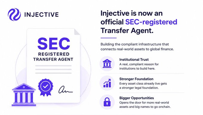 An Injective infographic announces 'Injective is now an official SEC-registered Transfer Agent,' highlighting benefits like Institutional Trust and Bigger Opportunities.