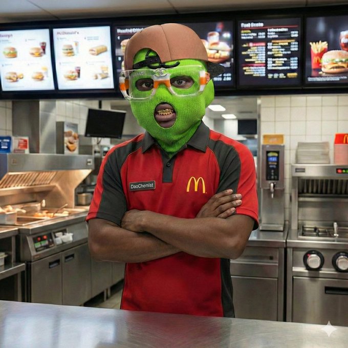 A surreal image of a person in a red and black McDonald's uniform with a green alien-like face, wearing safety goggles and a backward cap, standing in a McDonald's kitchen.