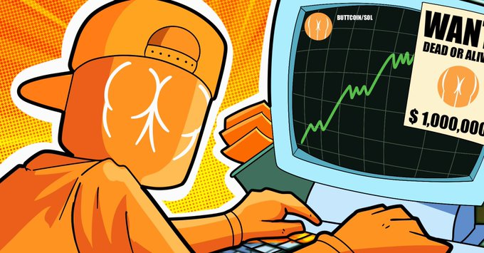 A cartoon illustration of a hooded figure in an orange cap and hoodie viewing a computer screen displaying a green rising chart for 'BUTTCOIN/SOL' alongside a 'WANTED DEAD OR ALIVE' poster with a $1,000,000 reward.