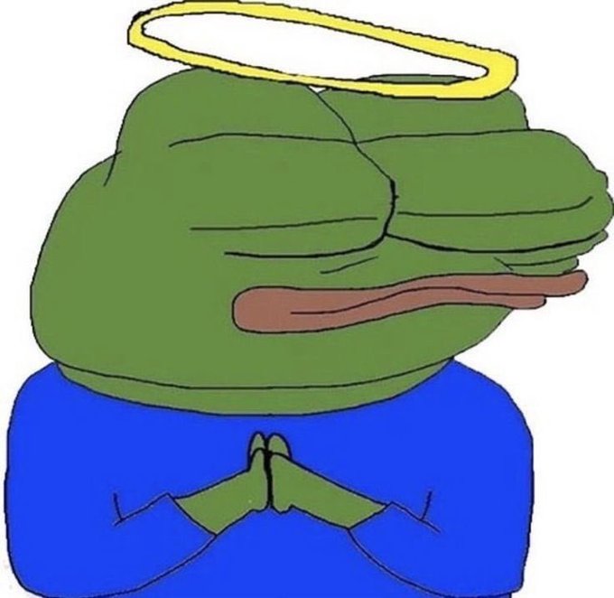 A digital illustration of a Pepe the Frog character with a large, exaggerated mouth, wearing a yellow halo and blue clothing, with its hands clasped in prayer.