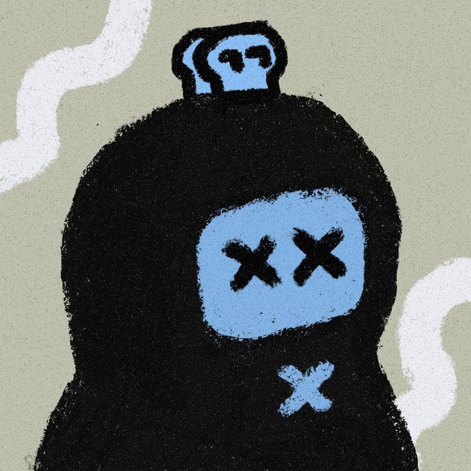 A simple digital illustration of a black figure with a blue face and a blue skull-like emblem featuring black X's for eyes and mouth, surrounded by wavy smoke lines on a beige background.
