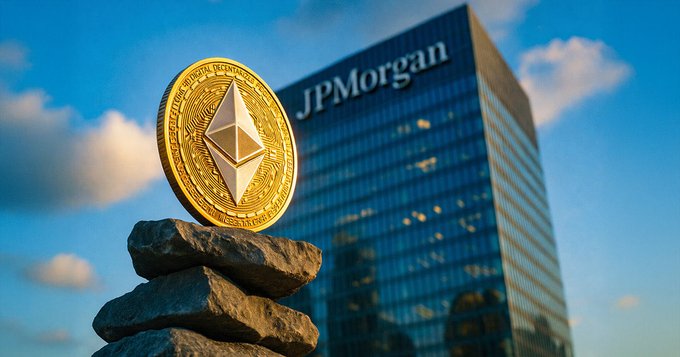 A golden Ethereum coin rests on a stone pedestal in front of JPMorgan's glass office building under a blue sky, symbolizing the bank's expansion of its JPM Coin to the Ethereum blockchain. The word "JPMorgan" is visible on the building.