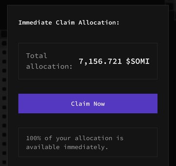 A dark interface displays an "Immediate Claim Allocation" of 7,156.721 $SOMI tokens with a "Claim Now" button.