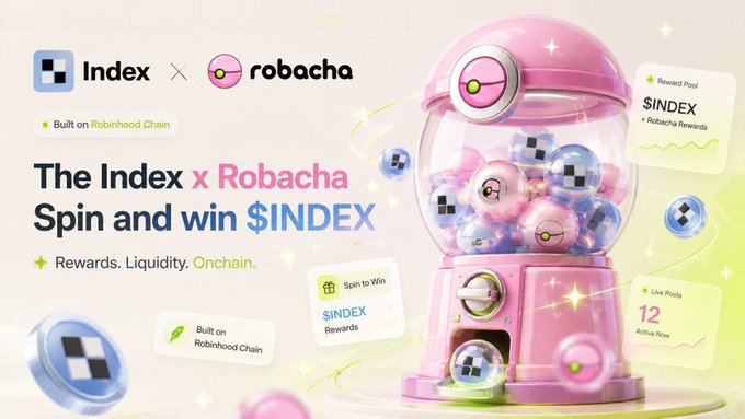 The image is a promotional graphic for a collaboration between Index and Robacha, featuring a pink gumball machine filled with capsules displaying the Index logo. Key text includes "Built on Robinhood Chain," "The Index x Robacha Spin and win $INDEX," and callouts showing a "$INDEX Reward Pool" and "12 Active Now." The post directly references the playful "Spin and win $Index on Robacha" feature, linking the fun meme-style gumball machine concept to Robinhood Chain's ecosystem where utility and entertainment meet.