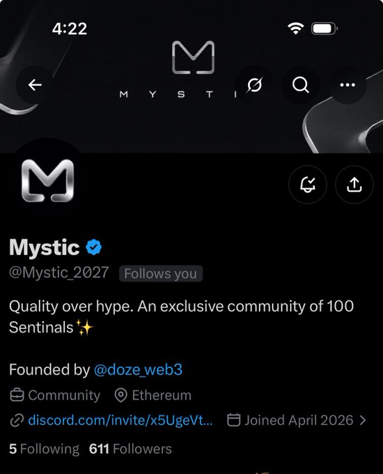 A mobile screenshot of an X/Twitter profile for 'Mystic' (@Mystic_2027), an Ethereum-based community with the tagline 'Quality over hype. An exclusive community of 100 Sentinals'.