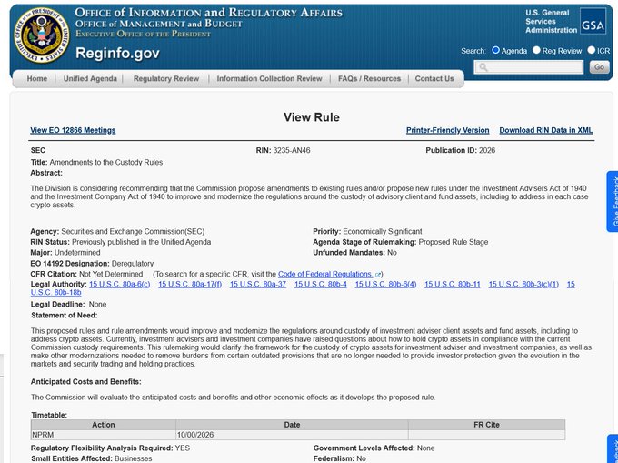 The image shows a Reginfo.gov webpage for SEC Proposed Rule RIN 3235-AN46 (Publication ID 2026), titled "Amendments to the Custody Rules," which would modernize custody requirements for investment advisers and investment companies handling client assets including crypto. This relates to the post as it documents the official SEC rulemaking process for modernizing custody regulations to potentially cover digital assets like Bitcoin.