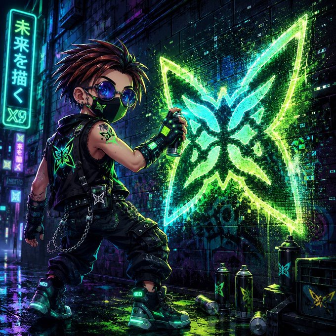 The image features a young boy spray painting graffiti on a wall, wearing a black leather jacket and sunglasses. The graffiti art includes a butterfly design that appears to be glowing with neon green light. The surrounding area has various graffiti pieces as well, suggesting an urban setting or street art scene. The post about crypto assumptions seems unrelated to the image but is still present in the background.