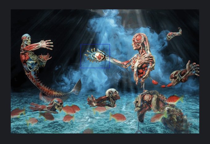 A dark, surreal digital artwork depicting anatomical zombie-like mermaids swimming underwater with fish, with a blue selection box around one figure's face.