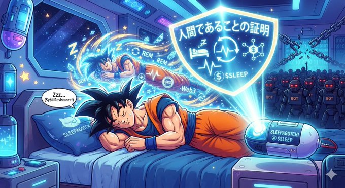 An anime-style illustration of a Goku-like character sleeping in a high-tech room, with a holographic shield displaying Japanese text and symbols related to sleep and REM.