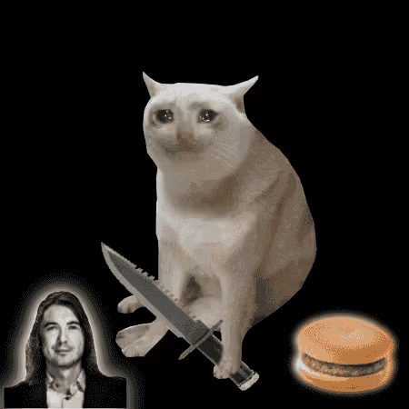 A digital meme image features a white cat holding a knife, with a small portrait of John Lennon's face in the corner and a hamburger graphic beside it.