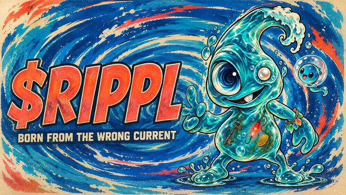 A vibrant illustration with the text '$RIPPL - BORN FROM THE WRONG CURRENT' depicting a blue, water-like cartoon character with big eyes against a swirling red and blue background.