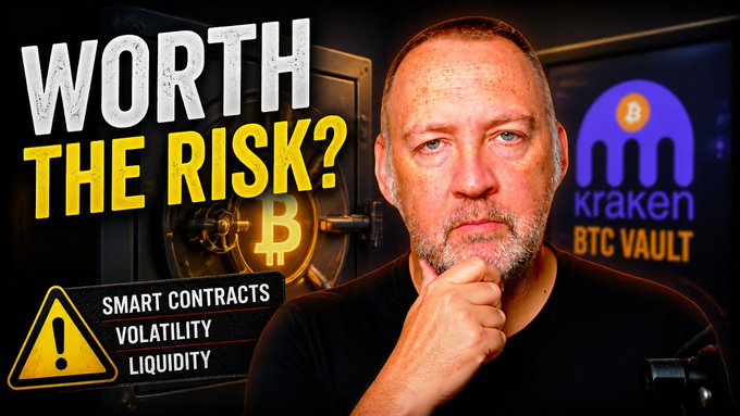 The image features a man with a beard wearing a black shirt who appears to be pondering something or thinking about investing in Bitcoin. The background includes a blue vault, which could potentially be related to cryptocurrency storage or trading. There are also some warning signs present in the image that read "smart contracts", "smartness", and "vulnerability". These elements suggest that the man might be considering the risks associated with Bitcoin investments and the potential benefits of smart contract technology.