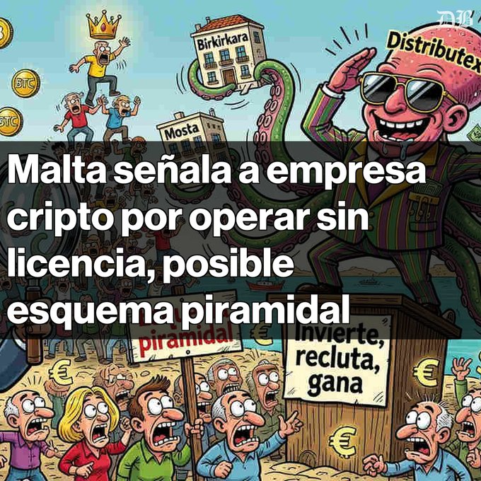 A satirical cartoon depicting a crypto distributor as a multi-tentacled creature with the text 'Malta señala a empresa cripto por operar sin licencia, posible esquema piramidal' and signs reading 'piramidal!' and 'Invierte, recluta, gana'.