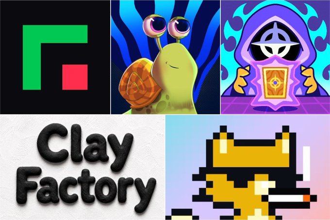 A collage of four images featuring crypto/web3 branding: a green 'F' logo, a cartoon snail wearing sunglasses, a hooded character with a 'WIF' card, the text 'Clay Factory', and a pixel art fox.