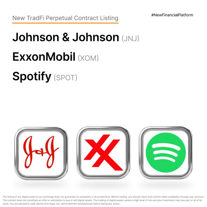 Bybit announces the listing of new TradFi perpetual contracts for Johnson & Johnson ($JNJUSDT), ExxonMobil ($XOMUSDT), and Spotify ($SPOTUSDT), with their respective logos and trading links displayed.