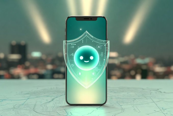 A smartphone displaying a glowing shield icon with a smiley face, symbolizing digital security and AI protection.