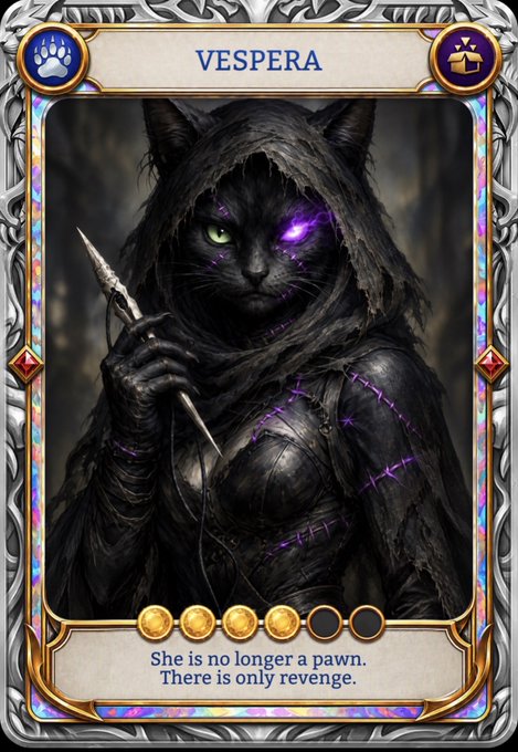 A trading card titled "VESPERA" features a hooded black cat with one glowing purple eye, holding a sharp blade, with the quote "She is no longer a pawn. There is only revenge." The card fits the post's theme by showcasing a community-created character from Heroes of Valdir, transforming an initial piece of art into a fully realized, revenge-driven heroine through collaborative storytelling.