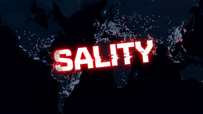 A dark world map background with the word 'SALITY' displayed in bold red glowing letters across the center.