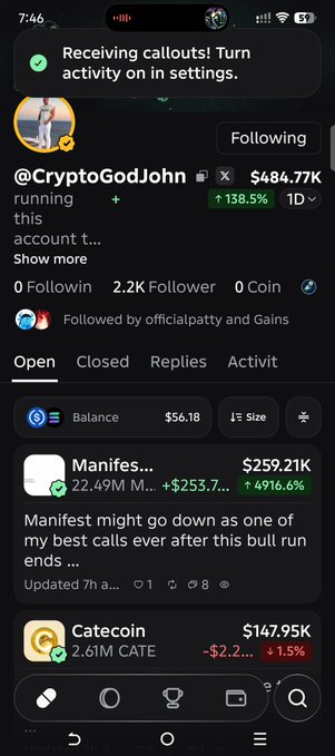 Screenshot of a social trading app showing a profile '@CryptoGodJohn' with a $484.77K balance and 138.5% gain, featuring posts about 'Manifest' at $259.21K and 'Catecoin' at $147.95K.