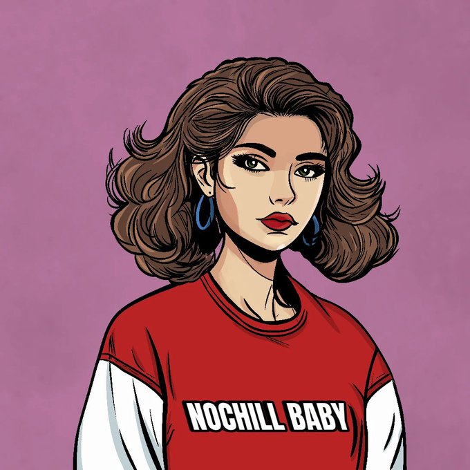 Pop art-style illustration of a woman with brown wavy hair and blue hoop earrings wearing a red and white shirt with "NOCHILL BABY" text on a purple background.