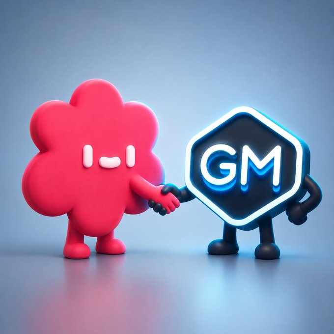 The image features two cartoon characters, a red flower-like character and a black geometric shape with the letters GM written on it. The red character is shaking hands with the black one, symbolizing a friendly interaction or agreement between them. The text "OnChainGM Hey OnChainGM" appears in the image as well, possibly indicating that the characters are part of an online community or platform where users can interact and share content related to GM.