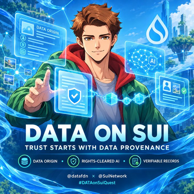 Anime-style promotional poster reading 'DATA ON SUI - TRUST STARTS WITH DATA PROVENANCE' featuring a young man surrounded by floating data cards, with features DATA ORIGIN, RIGHTS-CLEARED AI, and VERIFIABLE RECORDS, tagged @datafdn x @SuiNetwork #DATAonSuiQuest.