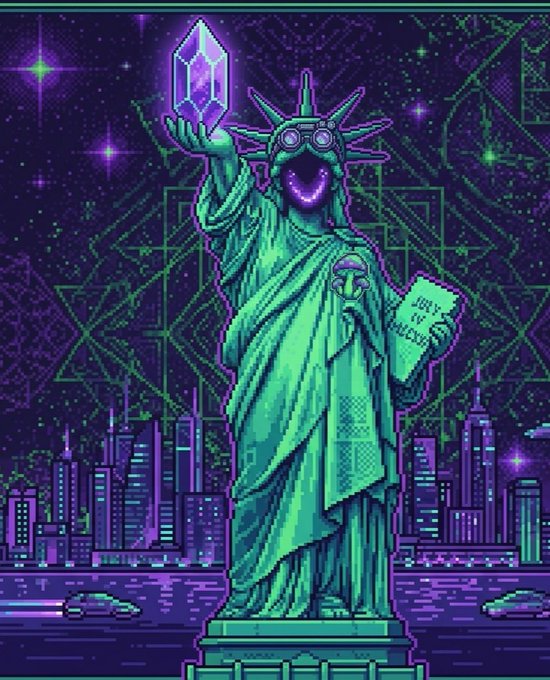 A neon pixel-art illustration features a teal Statue of Liberty wearing sunglasses and holding a glowing purple crystal and a 'JULY 4 FREEDOM' book, set against a green and purple cosmic background with a city skyline.