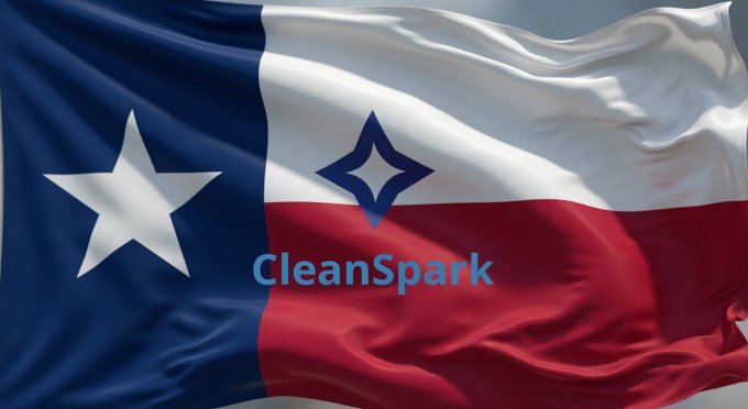 The image features a Texas state flag with the words "CLEANSPARK" written above it, indicating that the company operates within the state of Texas. The flag is waving in the wind, suggesting a sense of movement or progress associated with the company's operations.