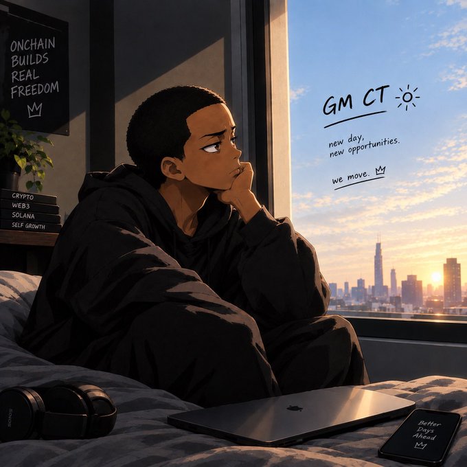 An anime-style illustration of a person sitting on a bed by a window overlooking a city skyline at sunrise, with text reading 'GM CT', 'new day, new opportunities', 'we move.', and signs saying 'ONCHAIN BUILDS REAL FREEDOM' and 'CRYPTO WEBS SOLANA SELF GROWTH'.