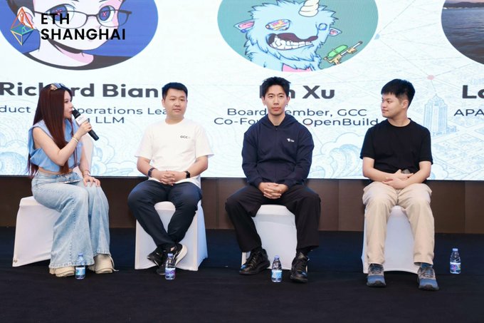 A panel discussion at ETHShanghai event featuring four people seated on white stools, including speakers identified as Richard Bian (Operations Lead, LLM) and Xu (Board Member, GCC, Co-Founder OpenBuild).