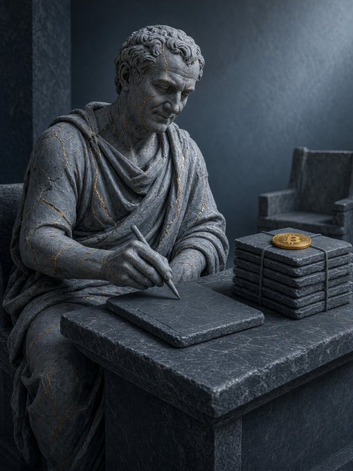 A marble statue of a seated figure writing with a stylus, with gold veins running through the stone, works beside a stack of stone tablets topped with a Bitcoin coin.