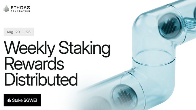 An EthGas Foundation promotional graphic announcing 'Weekly Staking Rewards Distributed' for Aug 20-26, featuring a 3D illustration of glass pipes with the GWEI logo, encouraging users to 'Stake $GWEI'.