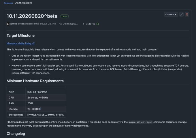 A GitHub release page for version v10.11.20260820^beta of the Amaru relay, listing minimum hardware requirements and noting it as the first public beta release with caveats regarding VRF key uniqueness and full-duplex connections.